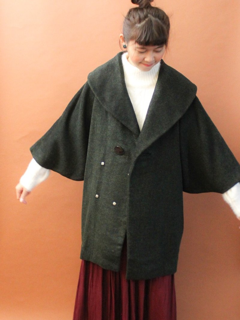 復古秋冬寬鬆飛鼠袖鐵灰綠金黑色大翻領古著大衣外套 - 外套/大衣 - 羊毛 黑色