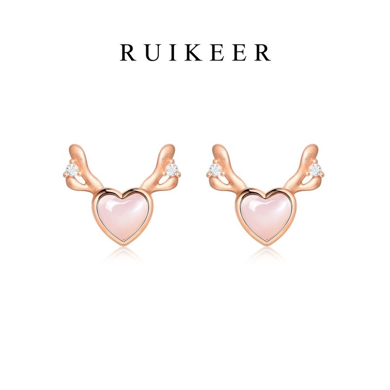 925純銀鍍白金天然粉貝母愛心馴鹿角耳環 - 耳環/耳夾/耳骨夾 - 純銀 粉紅色