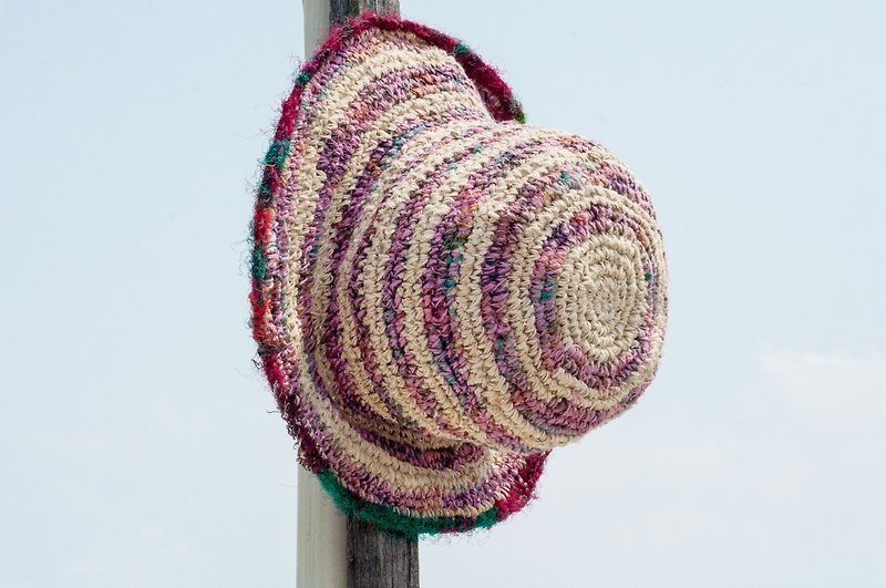 Handmade sari thread woven cotton hat / knit hat / fisherman hat / straw hat / straw hat - cherry color beach hat - Hats & Caps - Cotton & Hemp Multicolor