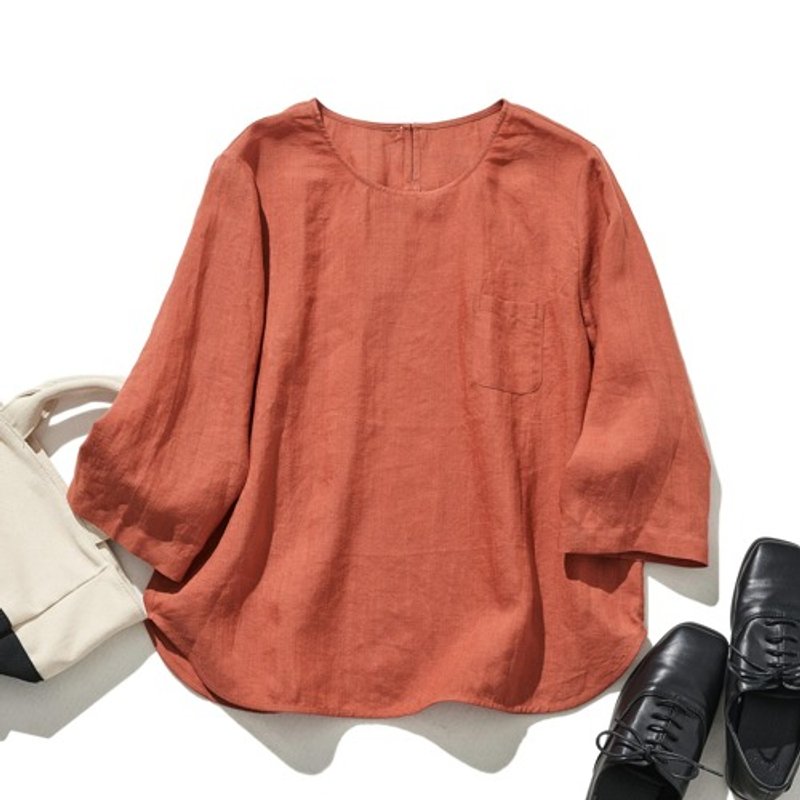 A comfortable, light-weight Linen blouse with 3/4 sleeves in orange 240517-4 - Women's Tops - Cotton & Hemp 