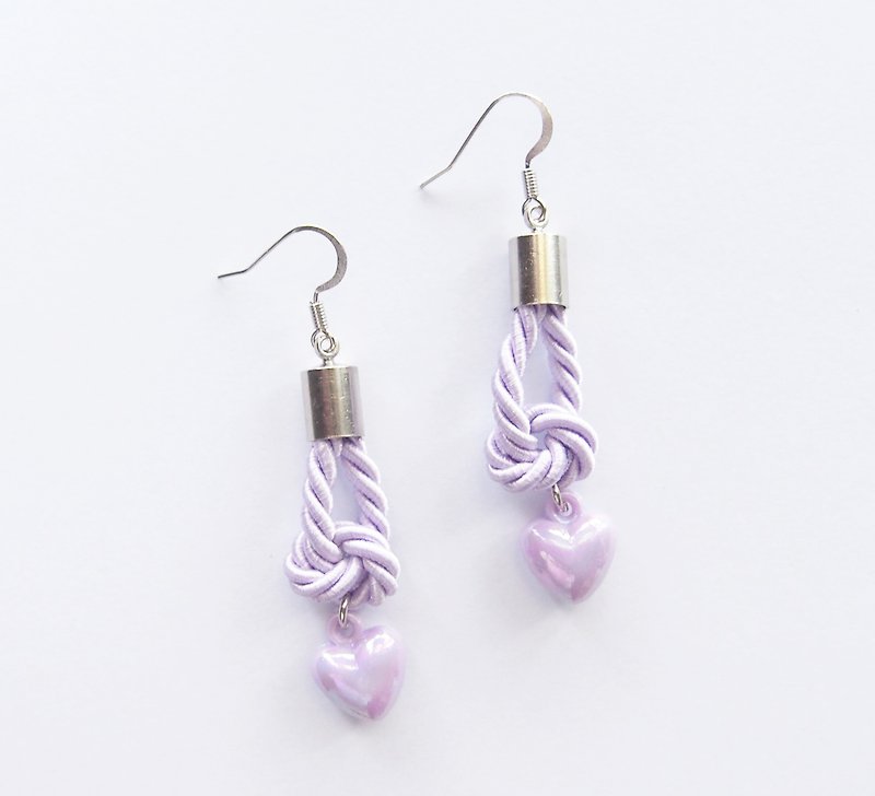 Lilac heart twisted rope drop earrings - 耳環/耳夾 - 其他材質 紫色