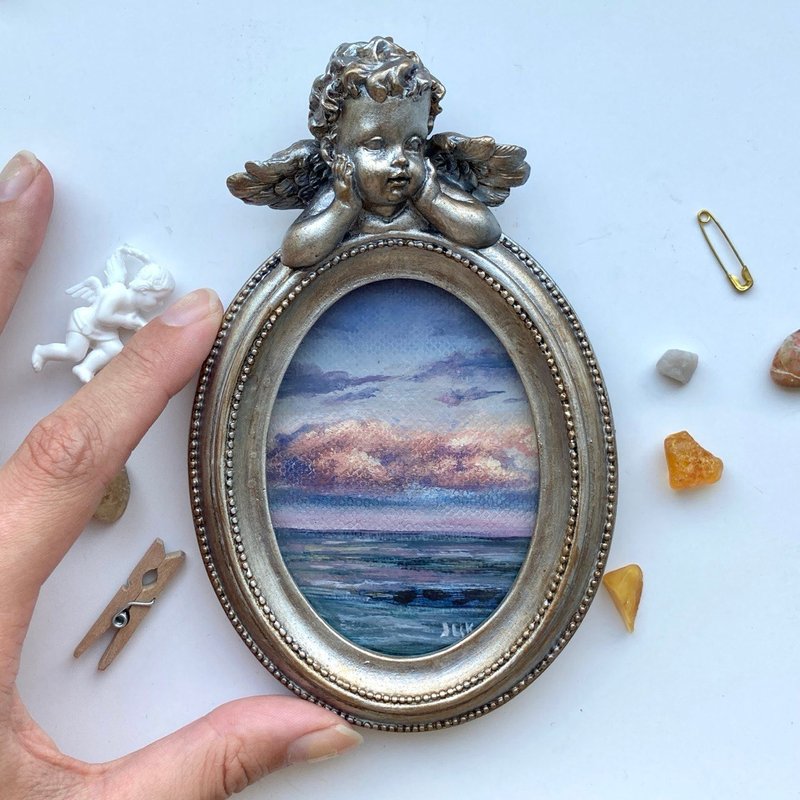 Sunset Oil Painting Original Framed Peaceful Artwork Ocean Clouds Sky 油画 日落画 - 壁貼/牆壁裝飾 - 紙 粉紅色