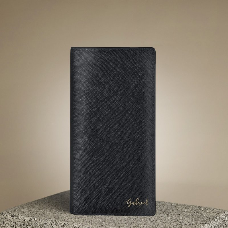 Riuscito 客製化刻字 十字紋皮革 摺疊長夾 (3色) - 錢包/皮夾/長短夾 - 真皮 黑色