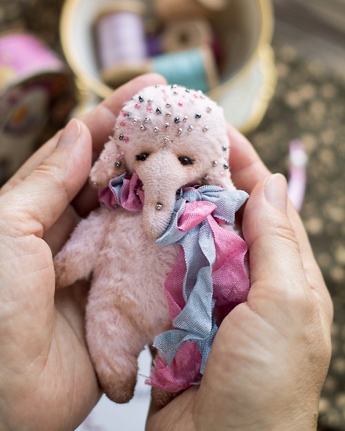 LarisaTeddyBear Artist small pink elephant handmade plush stuffed cute toy