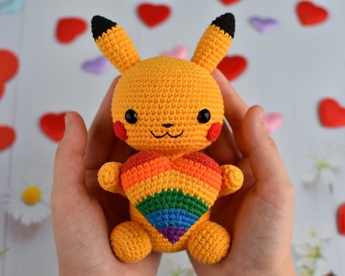 Sweet sweet heart Pikachu plush with rainbow heart / Pride Pikachu / Gift pokemon fan