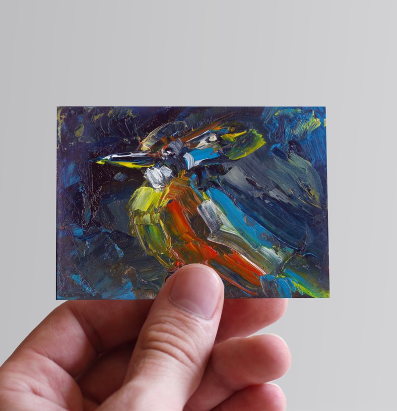 ACEO Original Art Oil Painting Bird. Collectible Miniature Painting 2.5x3.5 inch - Wall Décor - Paper Multicolor