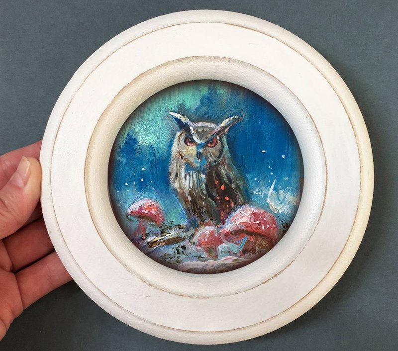 Framed Animal Painting Art Small Original fairy tale owl landscape gift Artwork - 擺飾/家飾品 - 其他材質 藍色