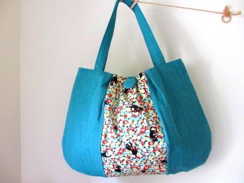 Half linen cat and soft flower shoulder bag * Sky blue B - กระเป๋าถือ - ผ้าฝ้าย/ผ้าลินิน สีน้ำเงิน
