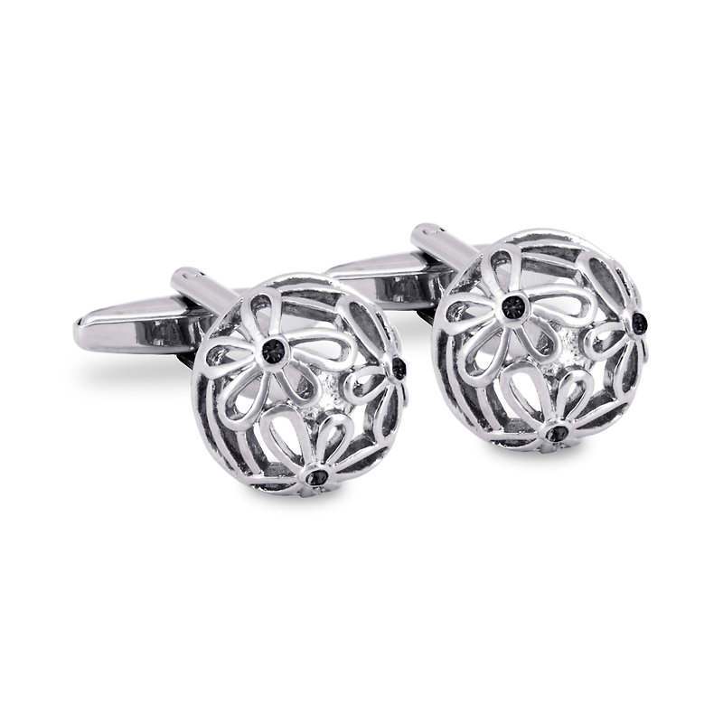 Intricate Floral Carved Cufflinks with Black Crystals - Cuff Links - Other Metals Silver