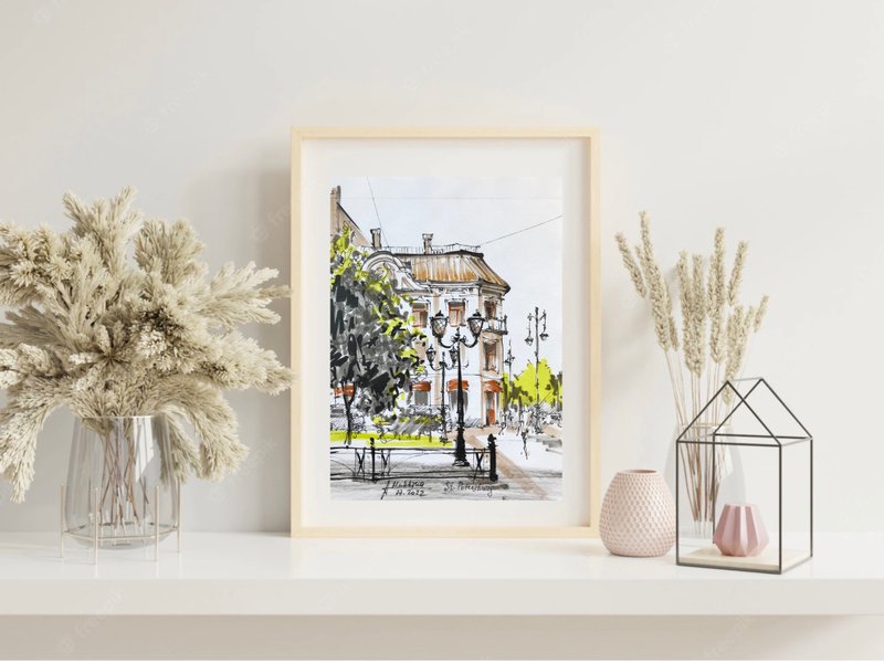 Saint Petersburg  painting Original artwork Russian Urban sketch A5 wall art Eur - ตกแต่งผนัง - กระดาษ สีเขียว