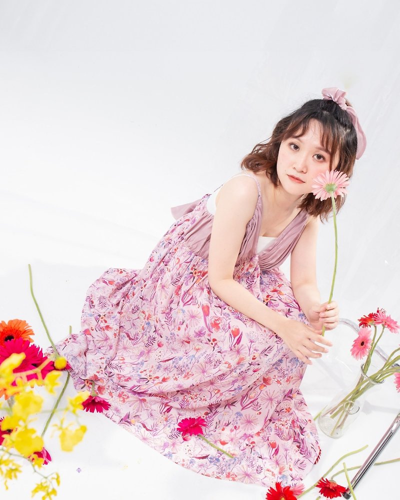 [Chiba, Japan] Provence reversible big bow dress long skirt Nadeshiko color - ชุดเดรส - ผ้าฝ้าย/ผ้าลินิน สึชมพู
