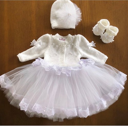 V.I.Angel White clothing set for baby girl: dress, hat, booties. Baptism outfit for baby .