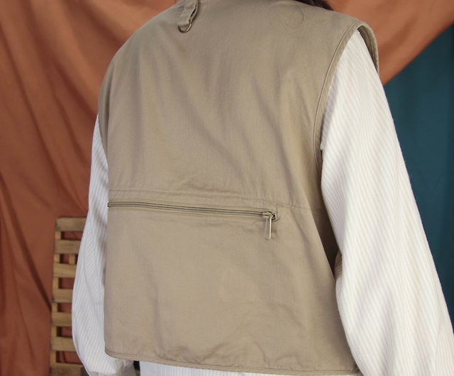 Tsubasa.Y│ vintage fishing vest A05, Khaki cotton fisherman vest