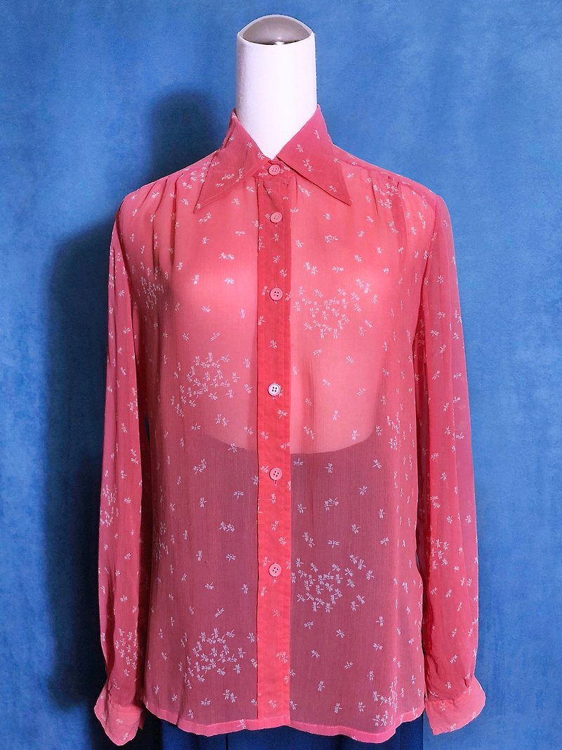Dragonfly long-sleeved vintage shirt / bring back VINTAGE abroad - Women's Shirts - Polyester Pink