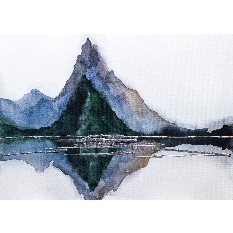 Mountain Painting Landscape Original Art Abstract Watercolor Hand-Painted - 海報/掛畫/掛布 - 紙 藍色