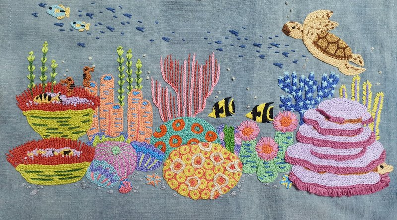 可愛的手工刺繡上衣、棉、天然染料、水下、海、魚、龜 - 女上衣/長袖上衣 - 繡線 藍色