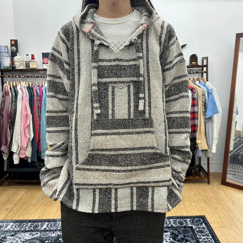 baja hoodie 墨西哥帽tee 直條紋 墨西哥製 連帽T 古著 二手 米黃 - 帽T/大學T - 棉．麻 卡其色