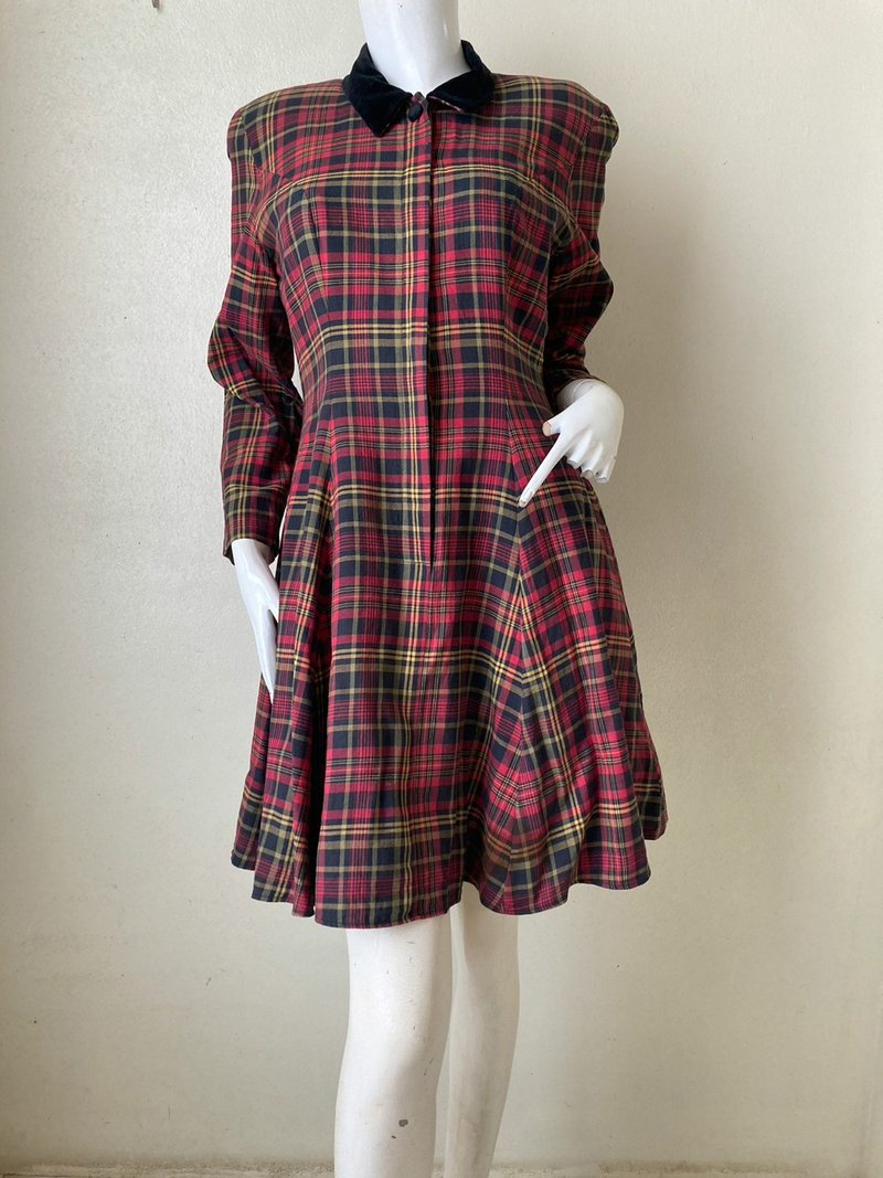 Laura Ashley Dress VTG Red Plaid Tartan Button Velvet Mini Wool Cottage Holida S - 洋裝/連身裙 - 棉．麻 