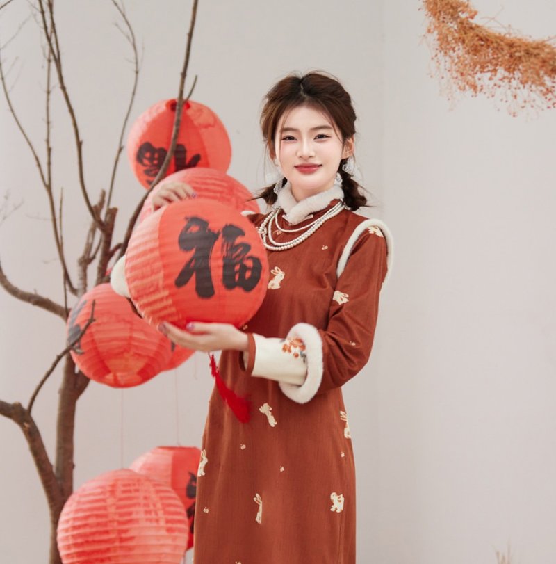 喜慶紅色 拼接假兩件秋冬聖誕加絨洋裝 新中式春節過年改良旗袍 - 旗袍/改良式旗袍 - 聚酯纖維 紅色