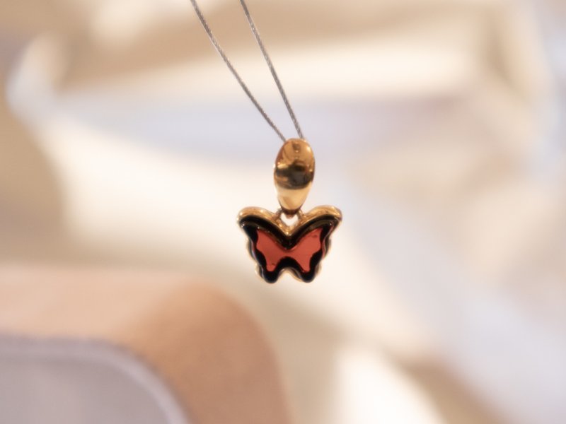 925 silver AMBER 蝴蝶 吊墜項鍊 - 項鍊 - 寶石 金色