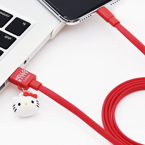 永橙.GARMMA-三麗鷗/LINE FRIENDS/蠟筆小新正式授權商 GARMMA Hello Kitty Apple USB to Lightning 公仔吊飾傳輸線-紅