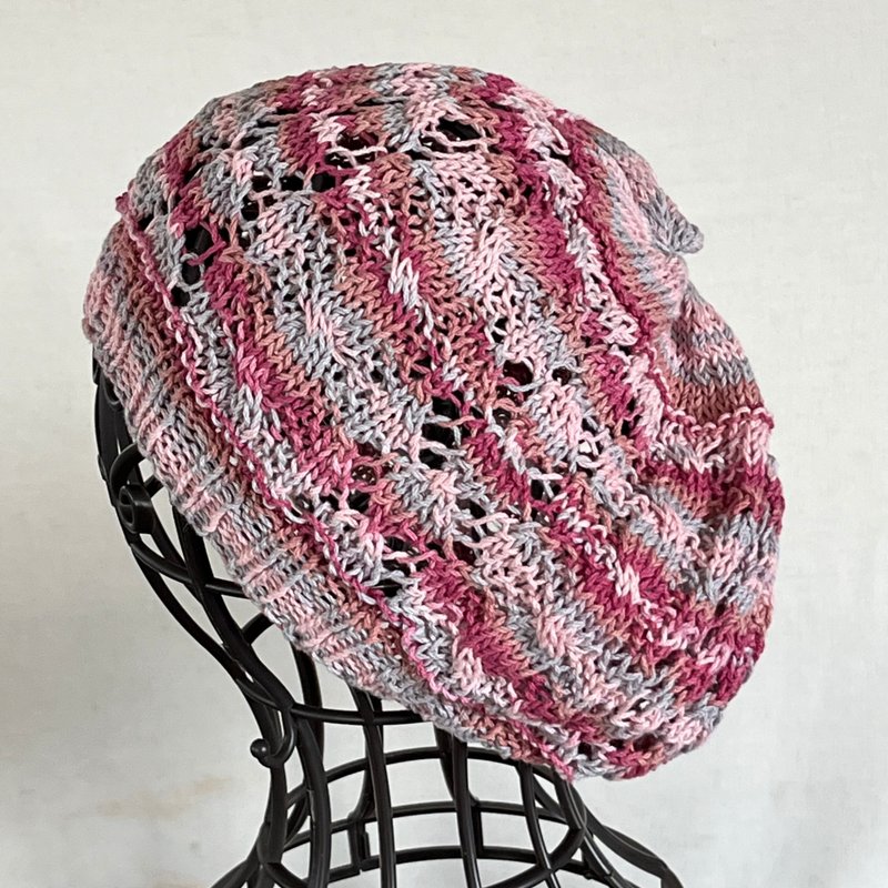 Cotton Beanie Knit Hat　-Pink stripes - หมวก - ผ้าฝ้าย/ผ้าลินิน สึชมพู