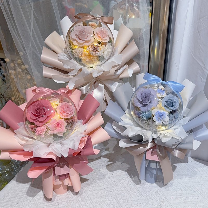 FengFlower【燈絲款壓克力波波球不凋玫瑰花束】乾燥花/永生花材 - 乾燥花/永生花 - 植物．花 