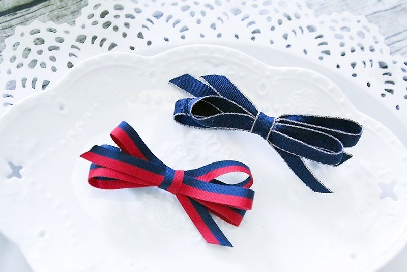Blue, white and red bow side clip - Hair Accessories - Cotton & Hemp Red