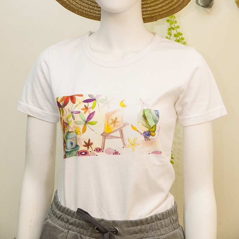 Hand-painted T-ShIRT/T-shirt - เสื้อยืดผู้หญิง - ผ้าฝ้าย/ผ้าลินิน ขาว