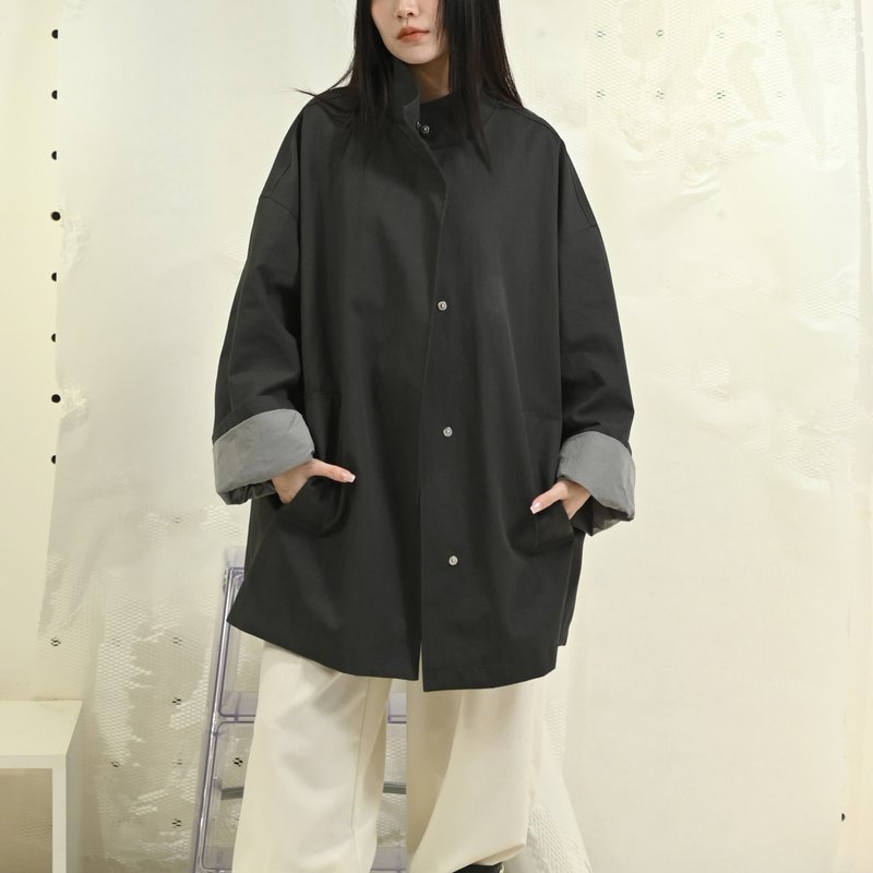 學院風可拆卸連帽-長袖風衣外套-黑色 - 女大衣/外套 - 聚酯纖維 黑色