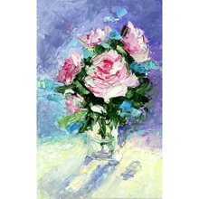 花束バラのオリジナル油絵、花のアートワーク、ミニチュアの花の