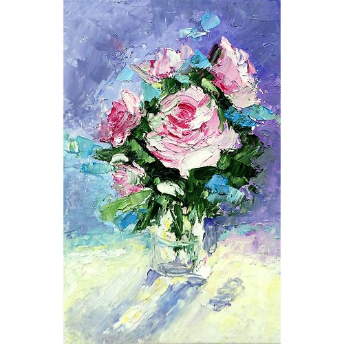 ColoredCatsArt Flower Bouquet Original Art, Pink Roses Painting, Small Wall Art, Floral Artwork