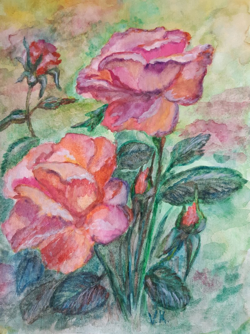 Roses flowers, watercolor drawing on paper - อื่นๆ - กระดาษ สีแดง