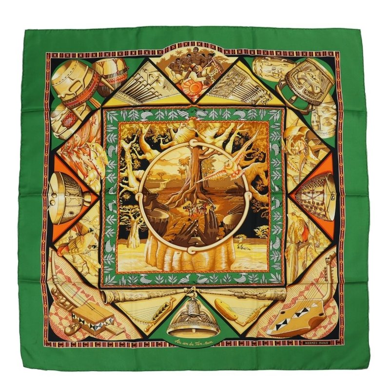 Hermes Carre 90 To the Sound of Tam-Tom Green Scarf - 01247 - ผ้าพันคอ - ผ้าไหม หลากหลายสี