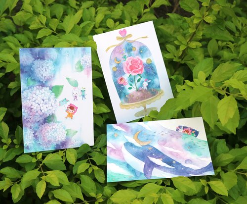 蛙蛙幸福的 插畫 蛙蛙喵 繡球花 玫瑰花 鯨魚 藍色明信片組 三入