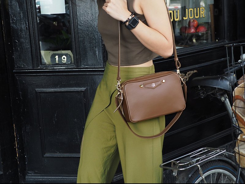Helen (Coffee) : 2 zip cross body bag, cow leather bag, Brown bag - Handbags & Totes - Genuine Leather Brown