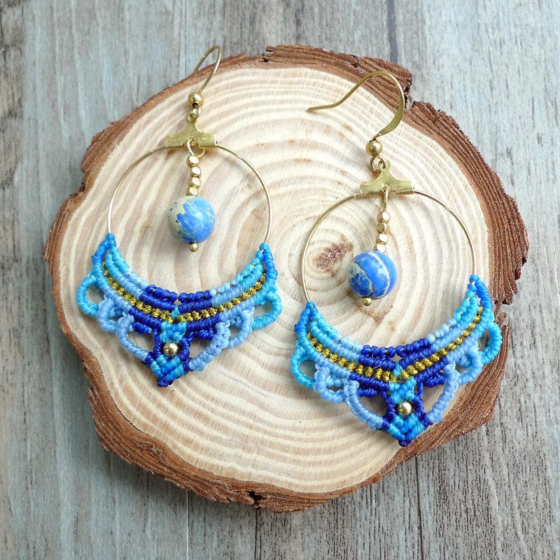 Misssheep-A03- blue emperor - national wind South American wax braided brass beads blue imperial stone earrings - Earrings & Clip-ons - Other Materials Blue