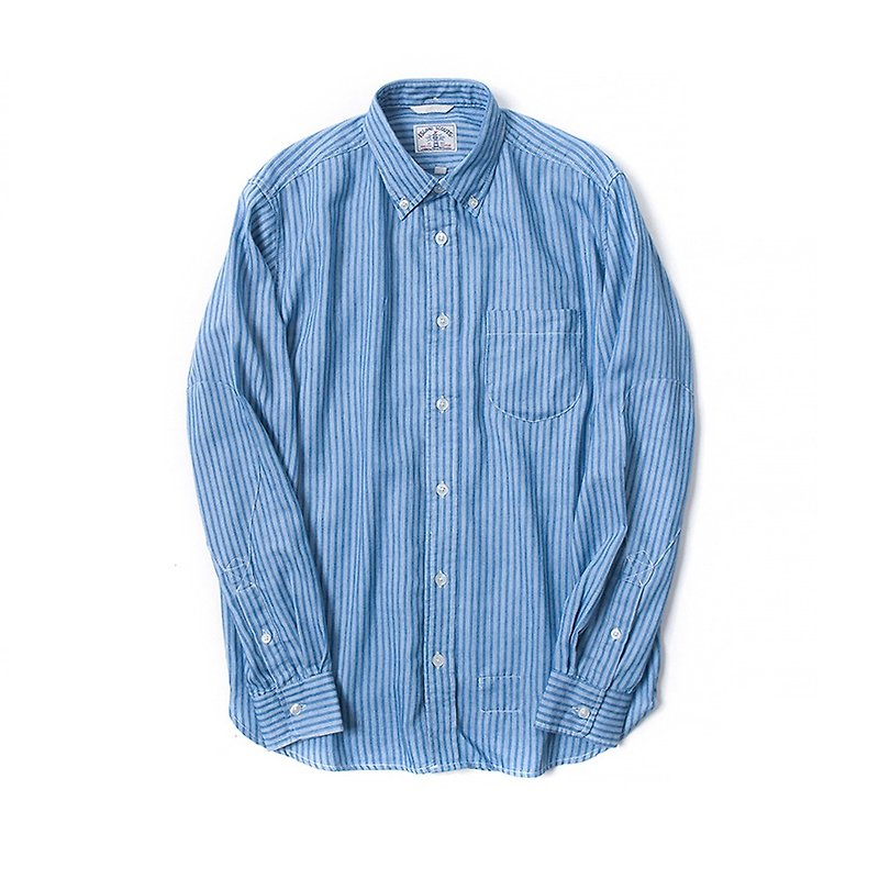 Stripes Discharge Print Long Sleeve Indigo Shirt - เสื้อเชิ้ตผู้ชาย - ผ้าฝ้าย/ผ้าลินิน สีน้ำเงิน