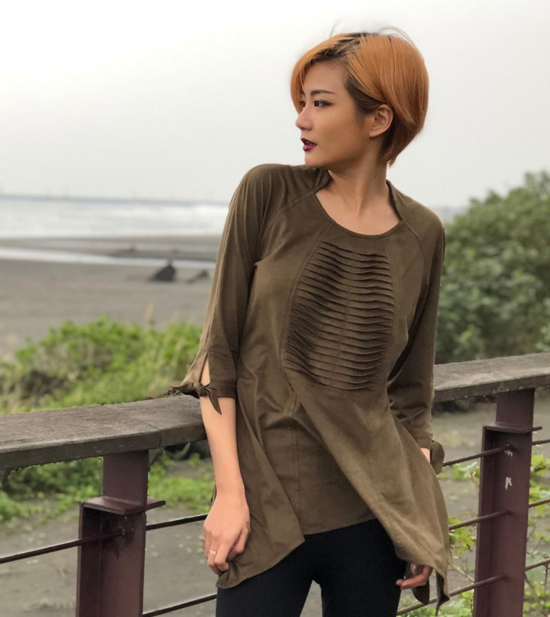 春夏新款拉克蘭袖變化褶蝴蝶結麂皮布女士創意上衣 - 女毛衣/針織衫 - 其他材質 