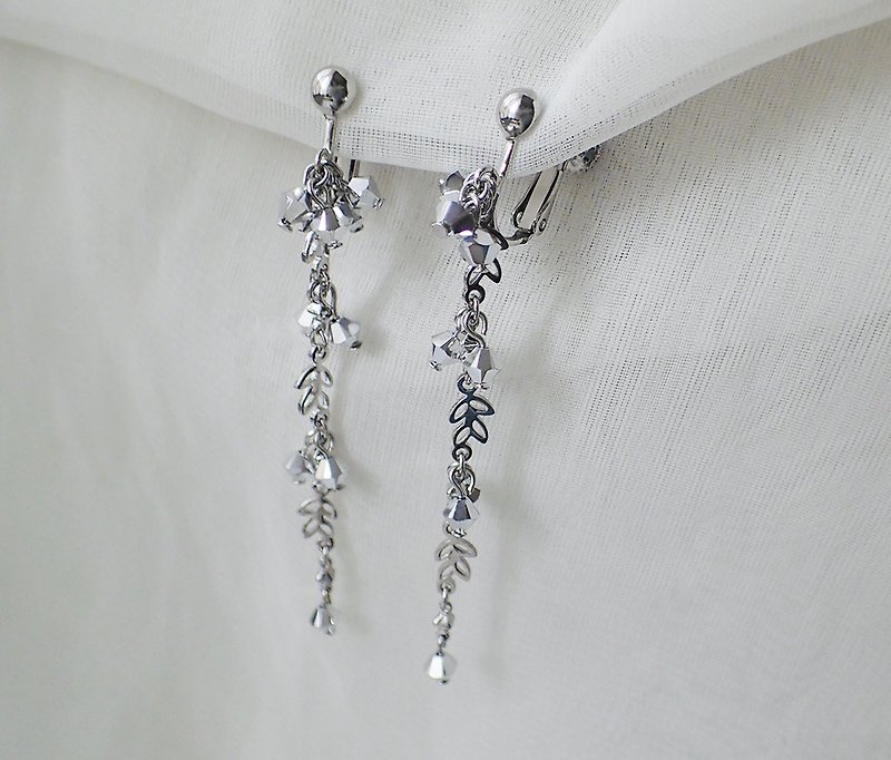 花草風　 施華洛世奇元素　夾式 耳環 (一對) - 耳環/耳夾 - 玻璃 銀色