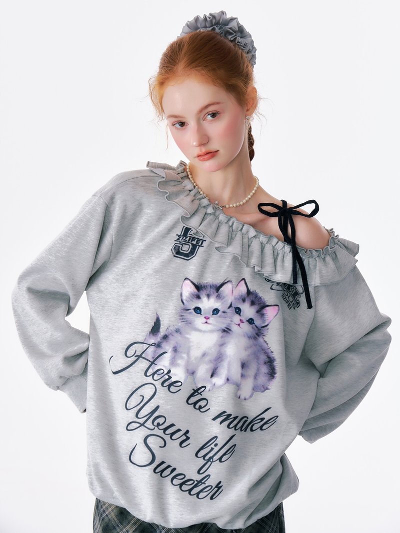 ziziFei autumn and winter American retro design sense oblique shoulder loose lazy style cat print off-shoulder sweatshirt for women - เสื้อผู้หญิง - วัสดุอื่นๆ สีเทา