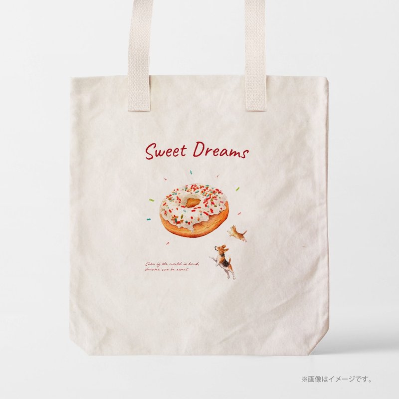 SWEET DREAMS — Dog & Cat with Donuts /A3サイズ対応のトートバッグ - 手提包/手提袋 - 棉．麻 白色