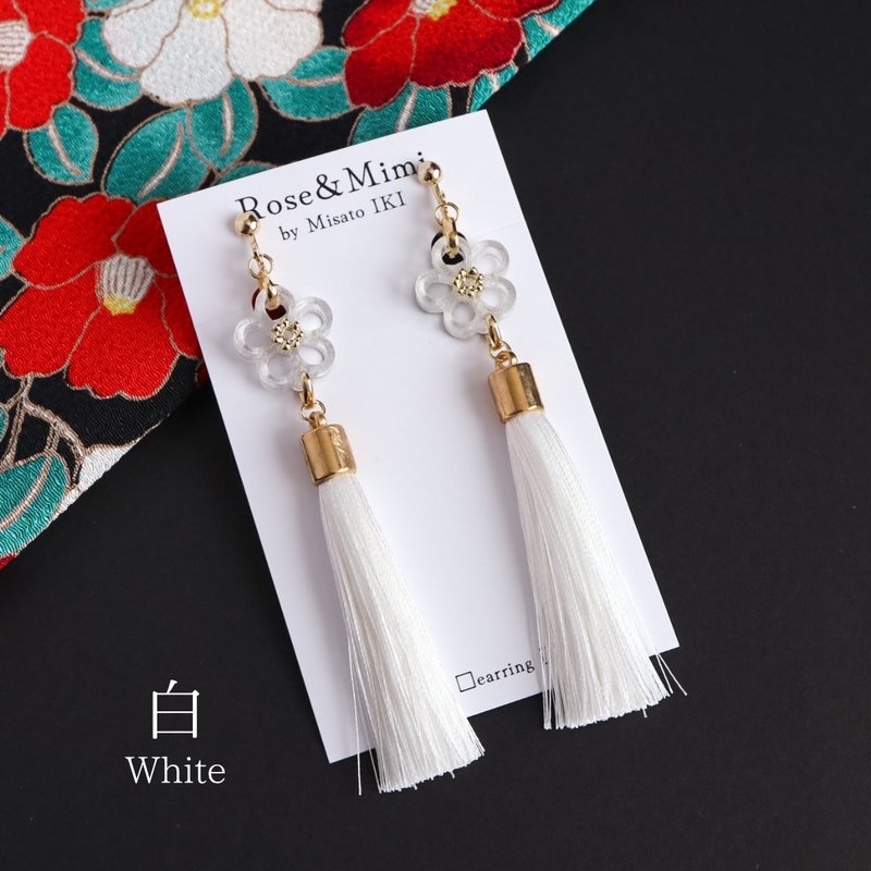 Flower lover knot tassel Clip-On& pierced earrings (white) - Earrings & Clip-ons - Acrylic Purple