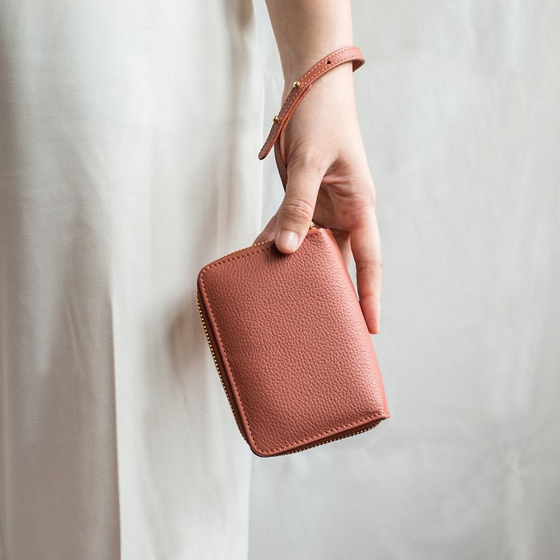 หนังแท้ กระเป๋าสตางค์ สึชมพู - TWINS leather wallet in Coral pink