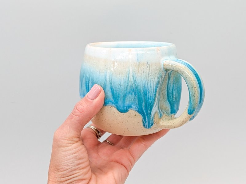 Pottery mug Handmade 300 ml Cup with blue drips ang rounded bottom - Cups - Clay Blue