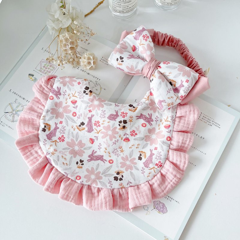 Huajian Pink Rabbit Full Moon Gift Box Two-piece Set Handmade Baby Headband + Bib Newborn Gift Full Moon Gift - Baby Gift Sets - Cotton & Hemp 