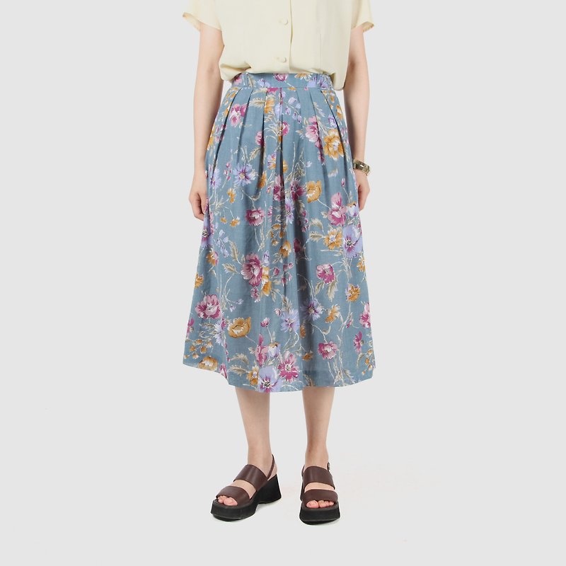 [Egg plant vintage] Fengzhongqingyuan printed vintage dress - Skirts - Cotton & Hemp Blue