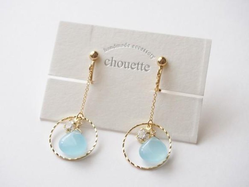 【14kgf】 Quartzite Zirconia Earrings Sky Blue - Earrings & Clip-ons - Other Metals 