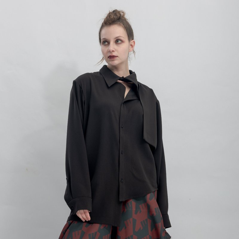 INF 一體式門襟領與不對稱擋片上衣 / 黑 - 男襯衫/休閒襯衫 - 聚酯纖維 黑色