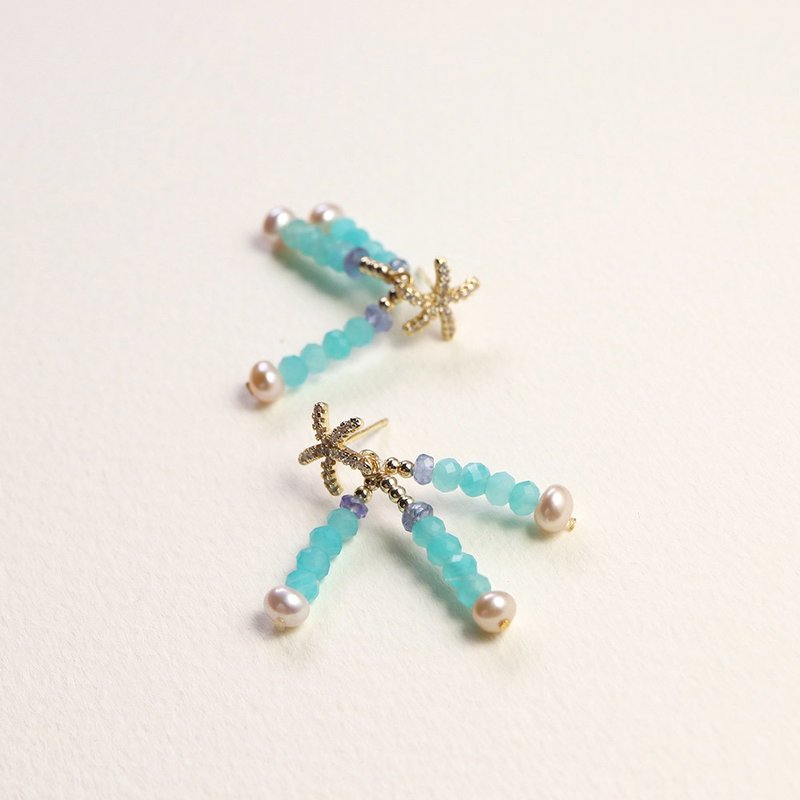 Mini Starfish Tianhe Stone Pearl Earrings - ต่างหู - เครื่องประดับพลอย สีน้ำเงิน